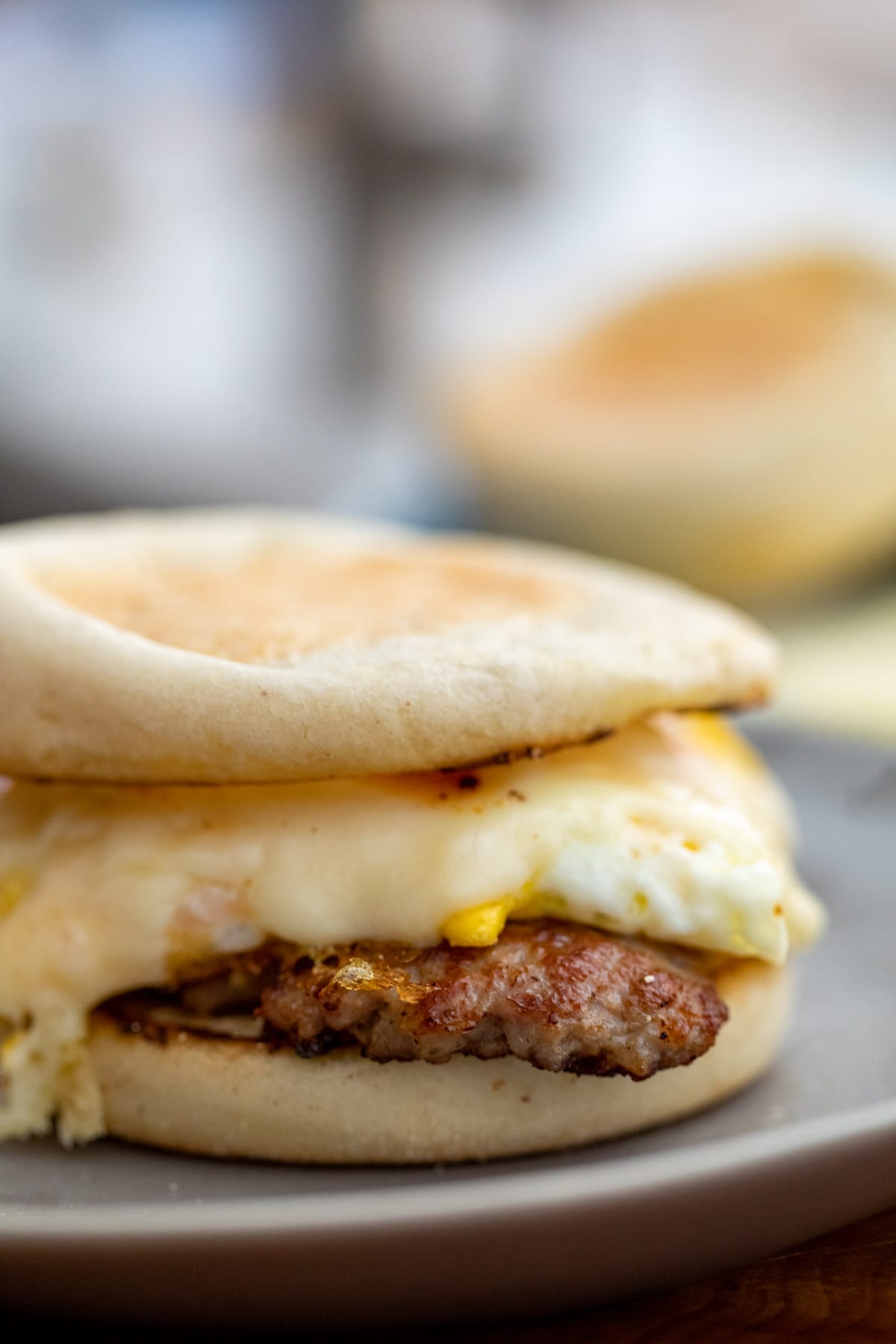 Smashed Sausage Breakfast Sandwich with Swiss Cheese