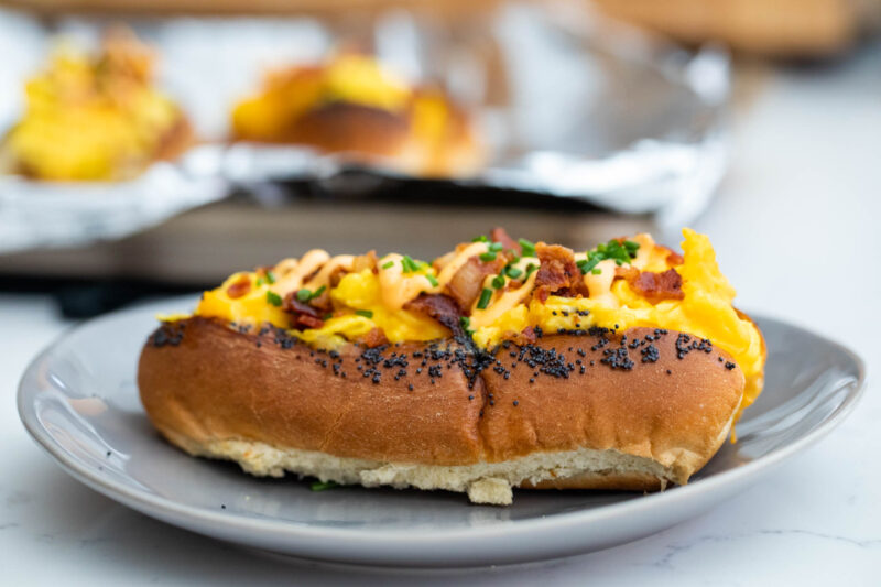 Breakfast Dogs with Fluffy Cheesy Eggs