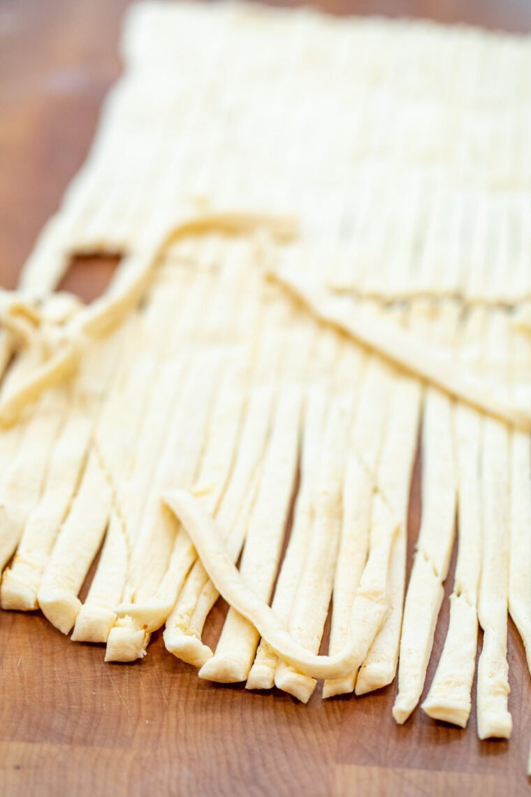 Sliced dough for the jalapeno poppers.