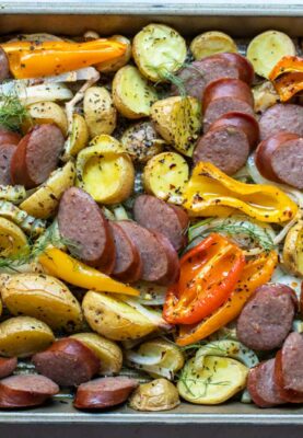 Sheet pan kielbasa dinner.