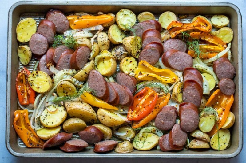 Sheet pan kielbasa dinner.