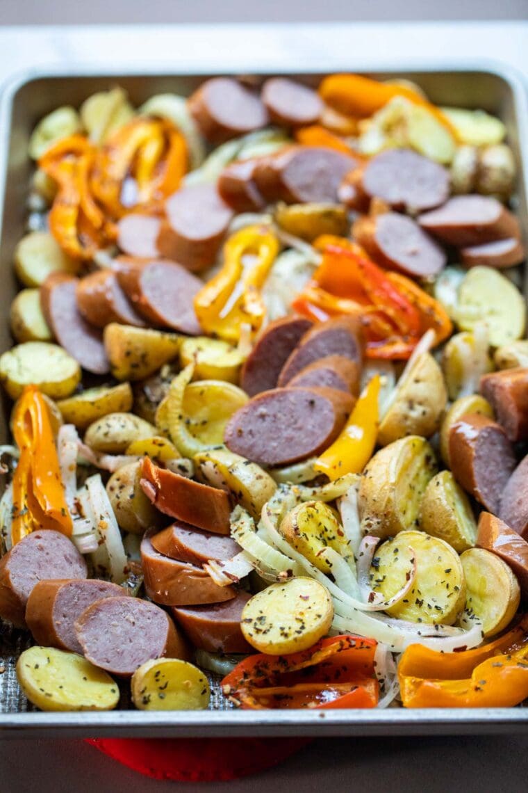 Sheet pan kielbasa supper.