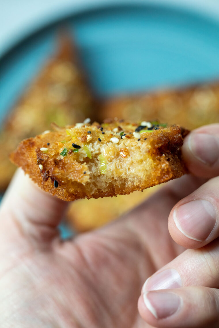 Bite of fried crab toast.